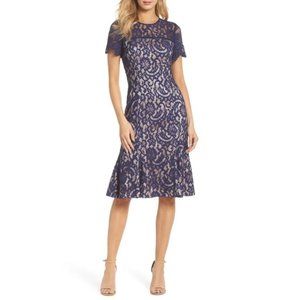 NWOT Eliza J Navy Lace Midi Cocktail Dress Size 10
